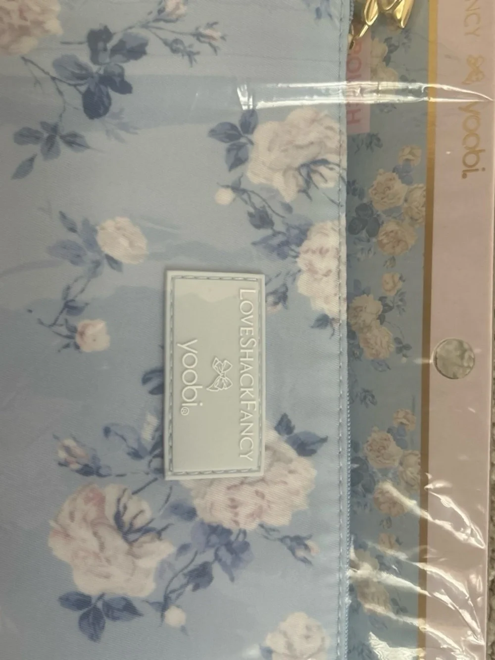 LoveShackFancy x target Light Blue Floral Cosmetic Pouch with Pink Rose Print